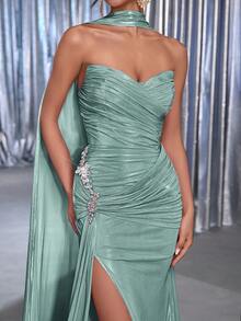 Glamrae Elegant Luxurious Green Elastic Coated Handmade Diamond Shell Collar Full Ruffle Sexy Slit Draped Mermaid Tail Formal Evening Gown - Green - View 5