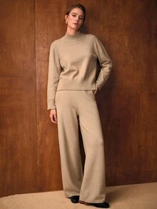 MOTF PREMIUM Conjunto de top con cuello split y pantalones con cordón en la cintura - Caqui - Ver 5