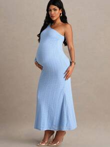 MaterniChic Vestido de manga larga minimalista de diseño elegante con hombros oblicuos y ajustado para maternidad de unicolor - Celeste - Ver 5