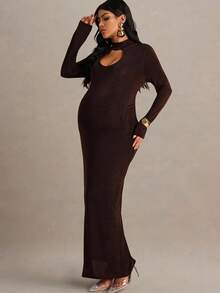 MaterniChic Đầm suông dáng suông cổ đứng tay dài màu trơn cho bà bầu - màu nâu - Xem 6