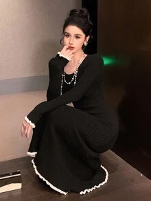 DAZY 女士优雅拼色圆领毛衣裙，秋季舞会礼服 - 黑色 - 查看 7