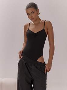 MUSERA Ruched Bust Bra Strap High Leg Bodysuit Classy Sexy Night Out Occasion Vacation Autumn Layered Winter Party Elegant - Black - View 1