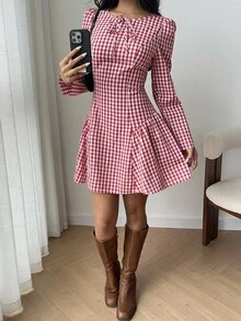 SHEIN EZwear 格纹系带腰部中长连衣裙 - 紅色 - 查看 6