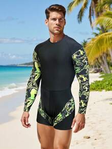 Manfinity Swimmode Men's Marble Print Raglan Sleeve Beach Romper Shorts