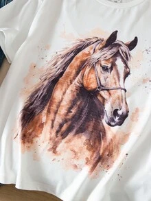 Tween Girl 3D Watercolor Horse Print Round Neck Short Sleeve White T-Shirt - White - View 5