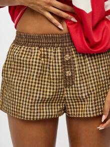 SUMWON WOMEN Vintage Inspired Button Front Check Print Boxer Shorts Mid Rise Elastic Waist Band Loungewear Preppy Style Fall Winter Bottoms - Chocolate Brown - View 4
