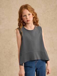 2025 Spring/Summer New Casual Comfortable Asymmetrical Hem Dark Grey Tween Girls Tank Top, Suitable For Daily Wear, Outdoor Activities And Family Vacation Gatherings - Grey - View 3