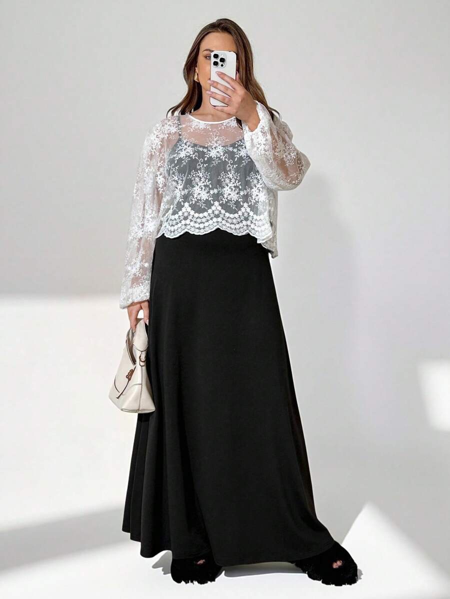 Auralis Plus Size Women's Autumn Fashion Casual Loose Comfortable Basic Daily Versatile White Lace Crop Top And Black Vest Long Skirt Two-Piece Set, Autumn Clothing, Women's Casual Suit, Going Out Clothing, Office Wear, Elegant, Business Casual, Everyday Wear - Black and White - View 1