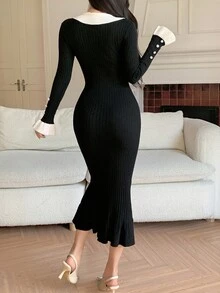 DAZY 女士优雅撞色领针织毛衣裙，秋季 - 黑色 - 查看 2