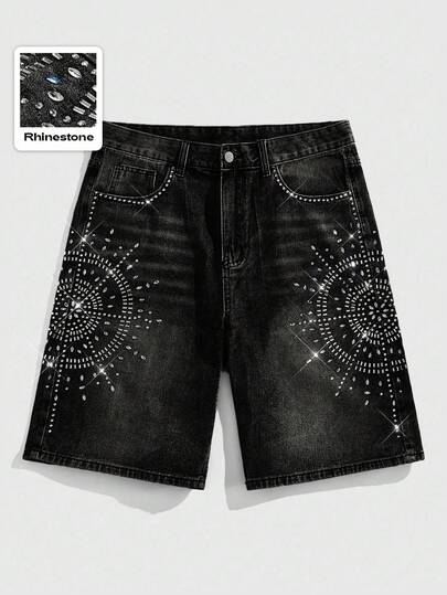 Street Life Men's Loose Fit Rhinestone Embellished Denim Shorts