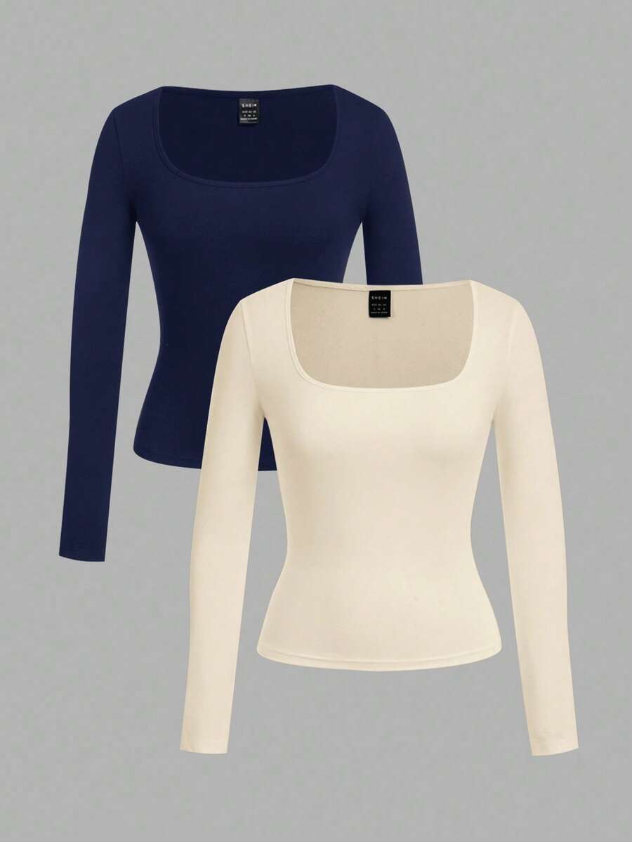 SHEIN EZwear 2 件女式海军蓝和杏色方领修身长袖休闲 T 恤套装，适合秋冬季 - 彩色 - 查看 1