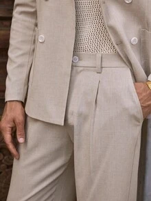 Manfinity VCAY 2 件男士意大利复古浅米色轻便商务休闲西装，纹理正装 - 米色 - 查看 6