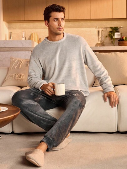 Men's Solid Color Crew Neck Long Sleeve Top And Pants Fluffy Pajama Set, Fall Winter Clothes