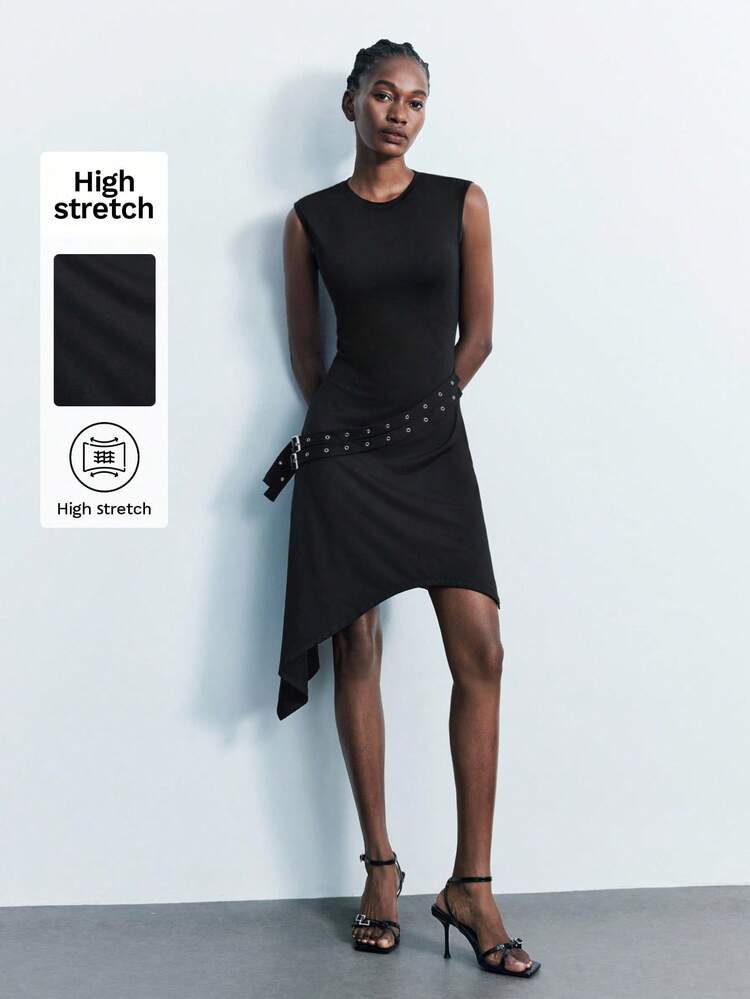 SHEIN Maija Women's Solid Color Adjustable Waist Buckle Design Round Neck Asymmetric Hem Fitted Sleeveless Dress Asymmetrical Dress Bodycon Dress Slim Dress Black Dress Mini Dress Going Out Tops Sexy Outfits For Women Concert Outfits For Women Date Night Outfits Women Grunge Clothes Club Outfits Women Sexy  Birthday Dresses For Women Birthday Outfits For Women  Halloween Halloween Clothes Halloween Clothes Women Off The Shoulder Assymetrical Dress For Women Black Sleeveless Dress Asymmetrical Black Dress Halloween Costumes Women Little Black Dress