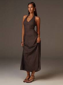 Athîral Women's Polka Dot Print Elegant Maxi Halter Dress,Party Dresses For Women