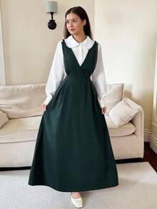 橄榄绿色简约图案长袖衬衫和连衣裙两件套，适合少女 - 墨綠色 - 查看 6