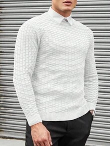 SHEIN Cottnline Men's Solid Color Jacquard Knit Sweater Without Shirt - White - View 4