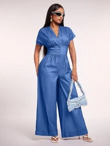 Radiana Women's Sexy Casual Denim Effect V-Neck Jumpsuit, Loose Wide Leg Pants Button Down Jumpsuit V Neck Jumpsuit Wide Leg Jumpsuit - Blue - View 1