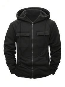 Manfinity Homme Men's Solid Color Long Sleeve Utility Pocket Zip Front Drawstring Zip Up Black Hoodie Sweatshirt, Casual For Autumn - Black - View 1