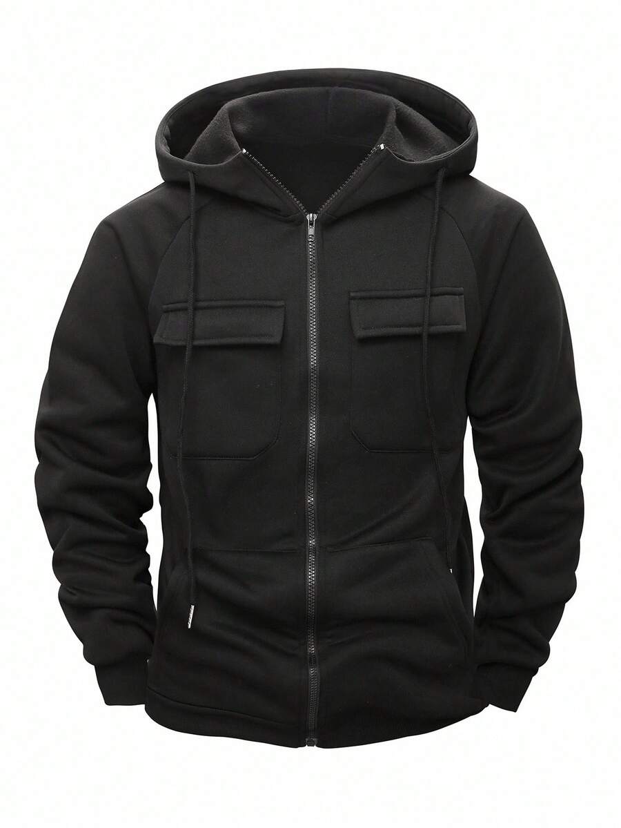 Manfinity Homme Men's Solid Color Long Sleeve Utility Pocket Zip Front Drawstring Zip Up Black Hoodie Sweatshirt, Casual For Autumn - Black - View 1