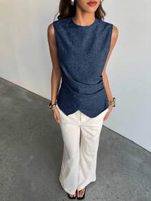 Aloruh 女士优雅通勤修身交叉腰纯色海军蓝衬衫 - 藏蓝色 - 查看 5