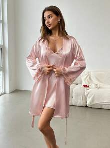 Aloruh Conjunto de pijama feminino elegante, composto por robe de manga comprida com cinto e detalhes em renda contrastante em cores sólidas, ideal para férias e inverno. - Rosa Empoeirado - Ver 7