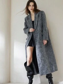 Aveloria Modichic 纯灰色长款人造毛皮双排扣长翻领大衣 - 灰色 - 查看 6