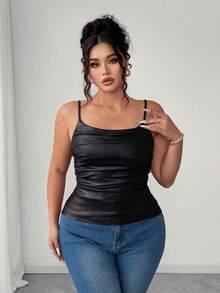 Flirla 大码女式性感简约高弹力 PU 皮革吊带背心，安哥拉红，性感细肩带背心 - 黑色 - 查看 6