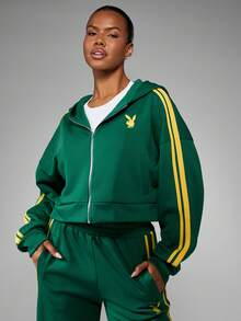 Missguided x Playboy 绿色拉链连帽卫衣，饰以黄色赛车条纹，长袖休闲街头风运动外套，秋冬季运动服 - 綠色 - 查看 5