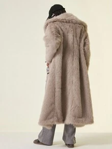 Aveloria GENKIRA Light Milk Tea Color Fashionable Luxurious Metallic Leather Buckle Decor Open Front Oversized Collar Punk Chic Women Long Faux Fur Coat - Grey - View 2