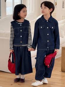 Genkimix Kids 2pcs/Set Toddler Boy Long Sleeve Denim Shirt +  Denim Flap Pocket Cargo Pants