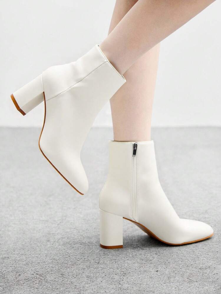 CUCCOO BIZCHIC Pointed Toe, Chunky Heel Women's Commuter Fashion Simple Ankle Boots, Classic White Side Zipper Mid Heel Boots, Suitable For Autumn & Winter For Christmas Spring Shoes