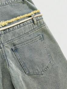 ROMWE MEN Street Life Men's Loose Fit Denim Shorts With Sparkling Diamond Waistband