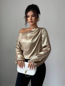 Selianne Women's Metallic Shoulder Ruched Lantern Sleeve Fashion Blouse - Gold - View 3
