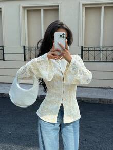 Siren Gaze 新款女式刺绣长袖衬衫，四季皆宜 - 杏色 - 查看 1