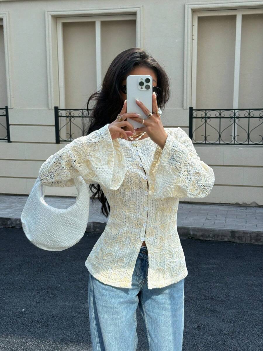 Siren Gaze 新款女式刺绣长袖衬衫，四季皆宜 - 杏色 - 查看 1