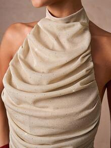 Lumalex 秋冬派对晚宴宴会低调奢华闪耀节日派对狂欢节郊游度假热门户外丰富层次婚礼季宴会成人礼脱衣高领露背水钻闪亮女式上衣奢华舞会身份证件宰牲节派对新年 - 卡其色 - 查看 6