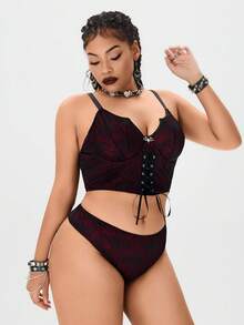 ROMWE Goth Plus Size Gothic Spider Web Underwire Bra & Panty Sexy Lingerie Set