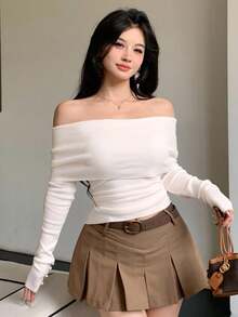 DAZY 女士优雅露肩纯色毛衣，秋季 - 米色 - 查看 4
