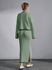 EURMUSE Conjunto de saia e suéter com detalhe de ponto preto em malha - Menta verde - Ver 3