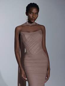 Elitara Elegant Luxurious Light Blue Elastic Mesh Boat Neck Full Ruffle Sequin Bridesmaid Dress