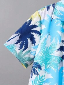 SHEIN 2 件套青少年男孩休闲学校/度假花卉印花衬衫和短裤套装，适合通勤、学校、日常休闲装、运动、春夏季 - 彩色 - 查看 5