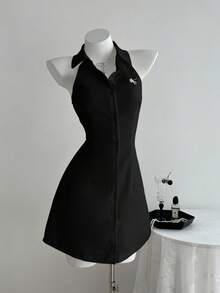 Elamini 白色无袖刺绣修身A字连衣裙，春夏 - 黑色 - 查看 6