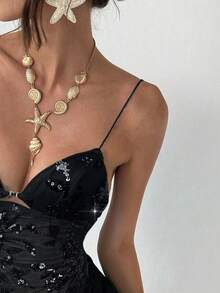 Aloruh Đầm ngắn cổ thấp cúp tam giác phối lưới sequin tương phản lãng mạn gợi cảm mới kèm quần short, chống nhấp nháy - màu đen - Xem 7