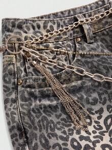 ROMWE Grunge Punk Spring Y2K Leopard Print Metallic Rhinestone Chain Decor Ultra Low Waist Mini Denim Skirt - Black - View 3