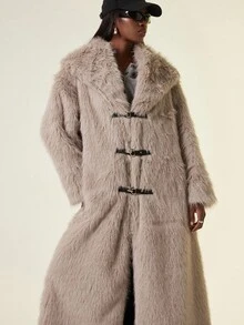Aveloria GENKIRA Light Milk Tea Color Fashionable Luxurious Metallic Leather Buckle Decor Open Front Oversized Collar Punk Chic Women Long Faux Fur Coat - Grey - View 5