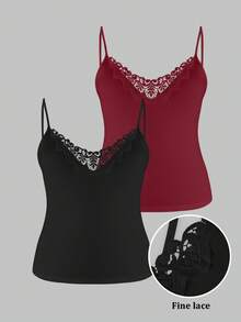 SHEIN LUNE Conjunto de 2 piezas de camiseta sin mangas de talla grande con parches de encaje y unicolor para mujer - Burdeos - Ver 1