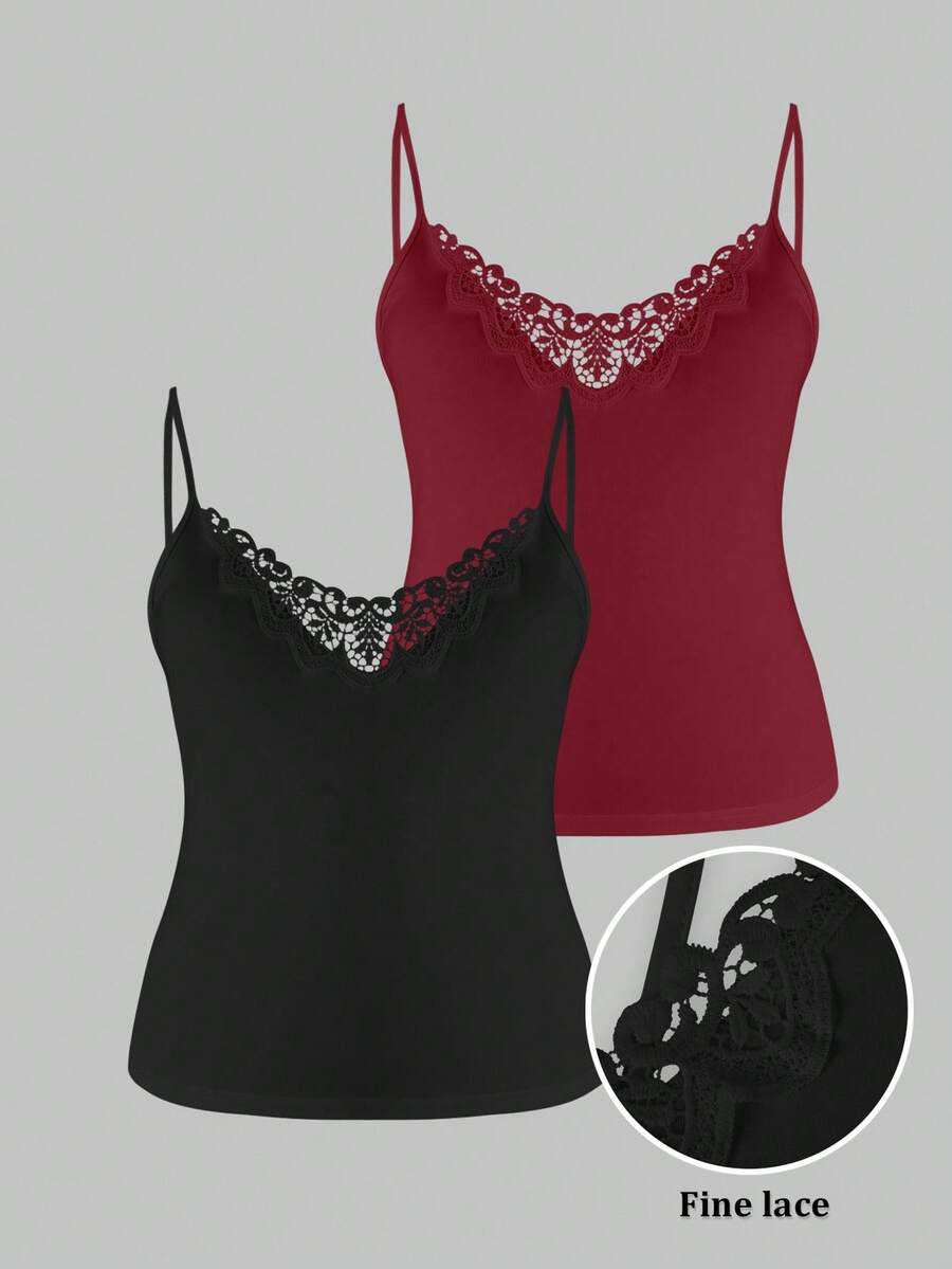 SHEIN LUNE Conjunto de 2 piezas de camiseta sin mangas de talla grande con parches de encaje y unicolor para mujer - Burdeos - Ver 1