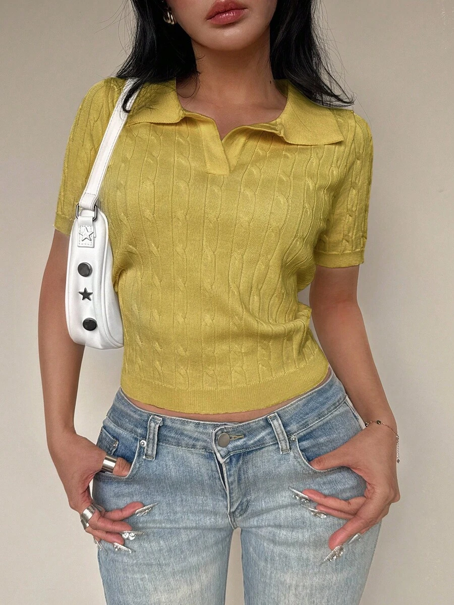 Flirla Atasan Rajut Polo Lengan Pendek Wanita Warna Kuning dengan Detail Tali Kepang - Kuning - View 1