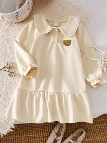 Genkimix Kids Toddler Girls' Peter Pan Collar Long Sleeve Patchwork Ruffled Hem Cute Bear Embroidery Korean Style Dress Fall Winter - Khaki - View 1